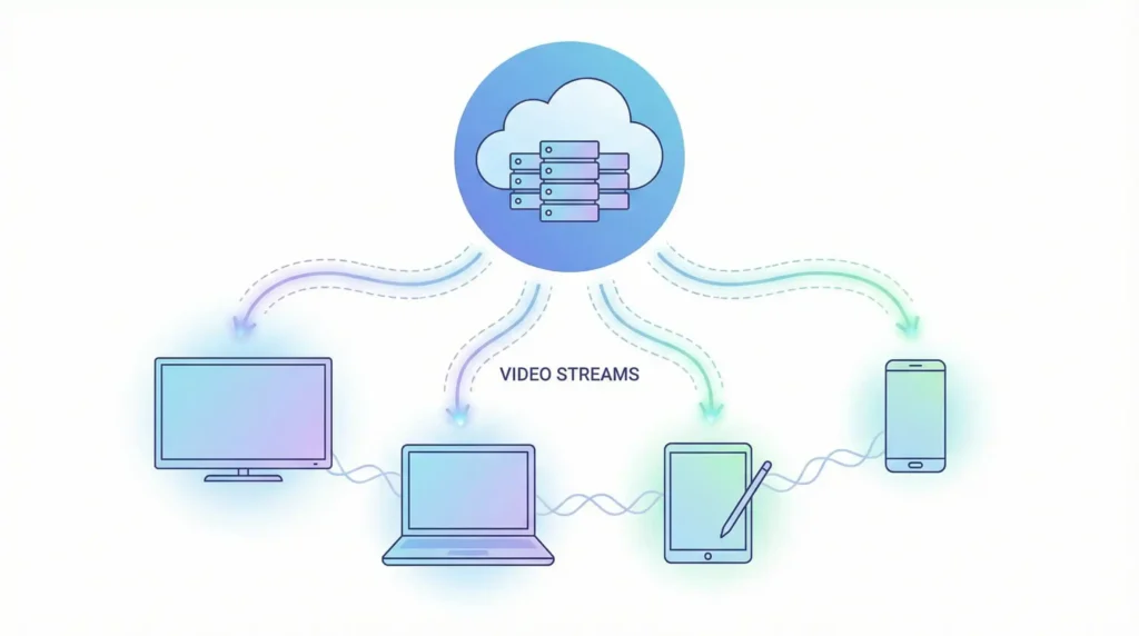 Conceptual Illustration Of IPTV Streaming From Cloud Servers To Smart TV Tablet Laptop And Smartphone Demonstrating How Internet Protocol Television Delivers Content Via The Internet