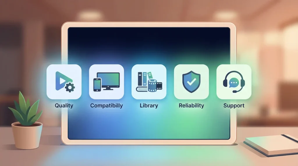 IPTV Dashboard Interface Showing Streaming Quality Device Compatibility Content Library Reliability And Customer Support Icons Highlighting Key Features To Consider When Choosing An IPTV Service