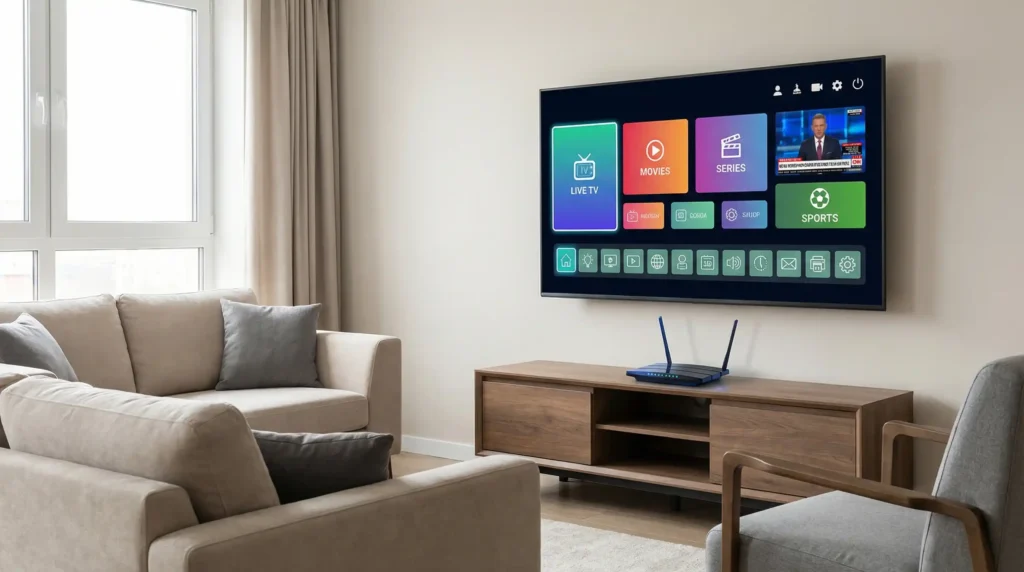 Modern Living Room With A Smart TV Streaming IPTV Content Showing Multiple Channels And On Demand Options Illustrating Internet Based Television As An Alternative To Cable Or Satellite