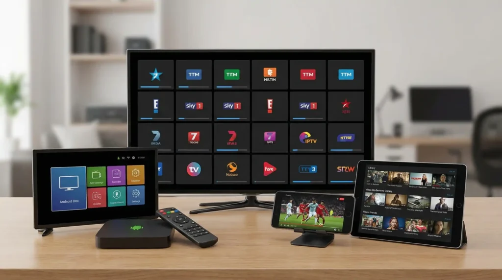 Multiple IPTV Interfaces Displayed On Smart TV Android Box Tablet And Smartphone Representing Top IPTV Providers In 2026 And Cross Device Compatibility For Online Television Streaming